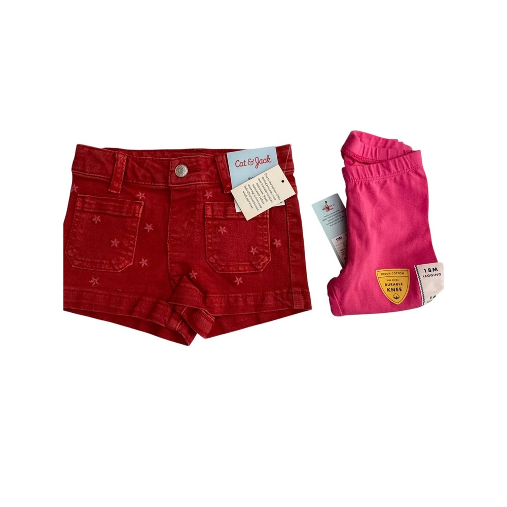Cat & Jack Baby Girls 18M Red Star Embroidered Shorts & Pink Leggings Bundle NWT
